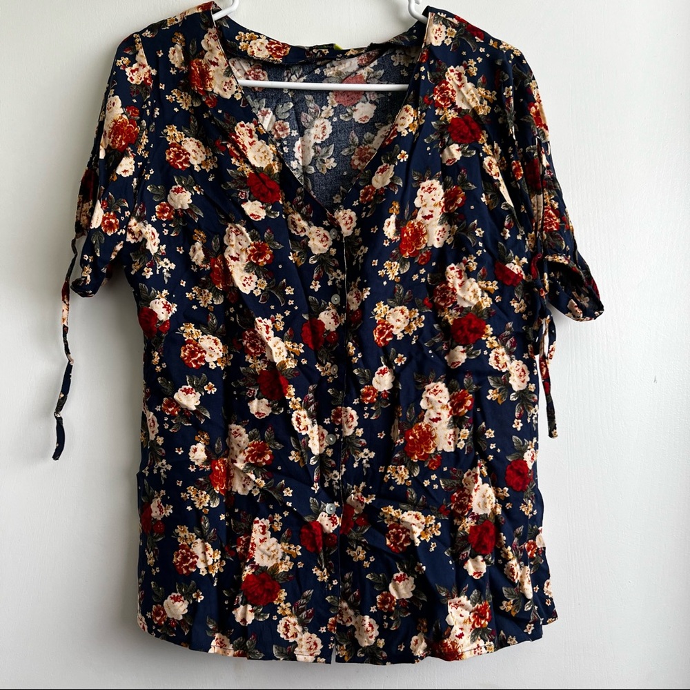 Blue floral V neck blouse